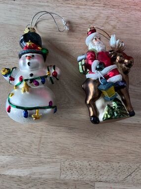 Glass Snowman and Santa Moose Holiday Ornaments - Clear/White & Red